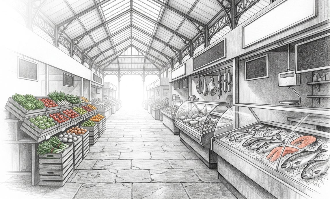 Pencil drawing of a covered market hall with a glass roof, produce crates on the left and a fish counter on ice on the right