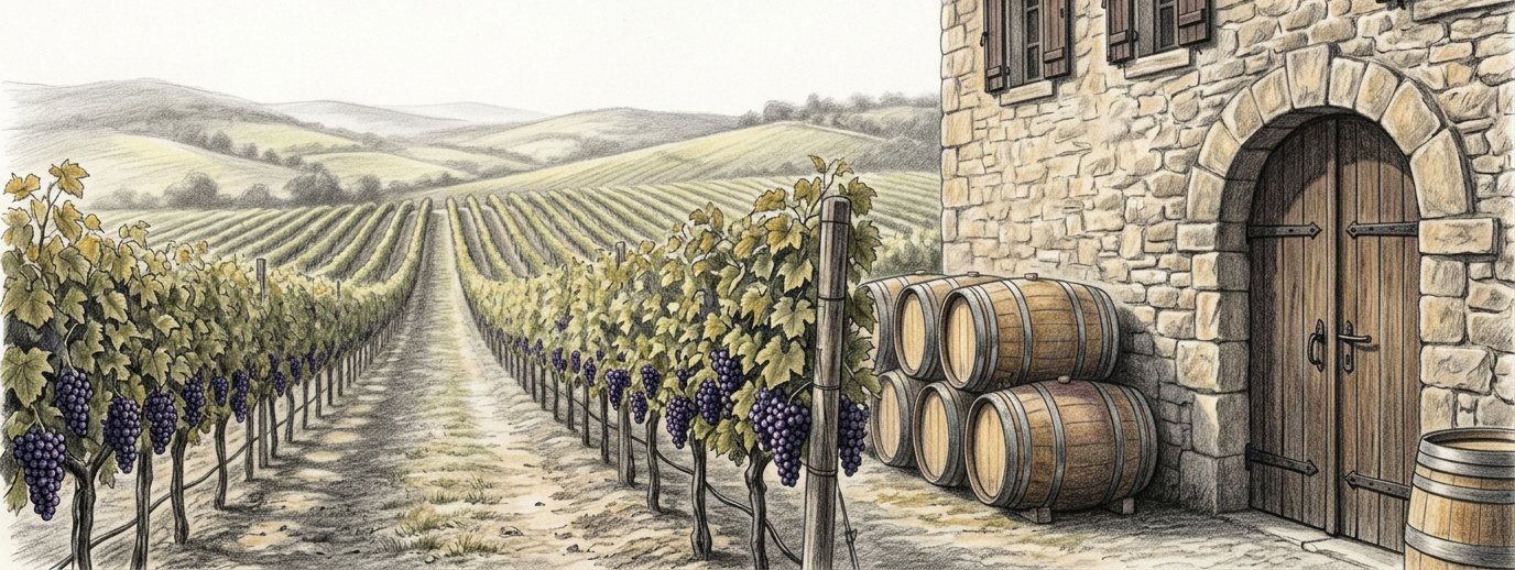 Pencil sketch of vineyard rows running past an old stone winery, oak barrels stacked by its arched door.